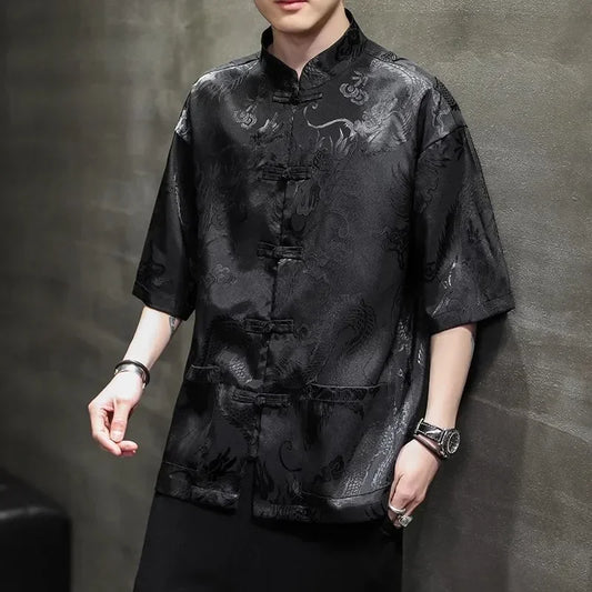 High-Quality Summer Chinese Traditional Dragon Embroidery Shirt