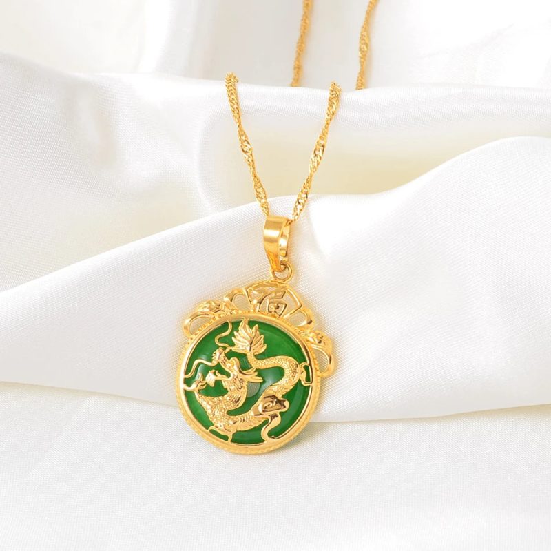 Anniyo Green Stone Dragon Pendant Necklace - Image 3