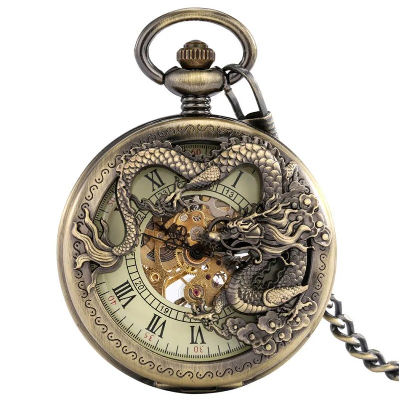 Bronze Hollow Dragon Half Hunter Mechanical Pocket Watch - Image 6