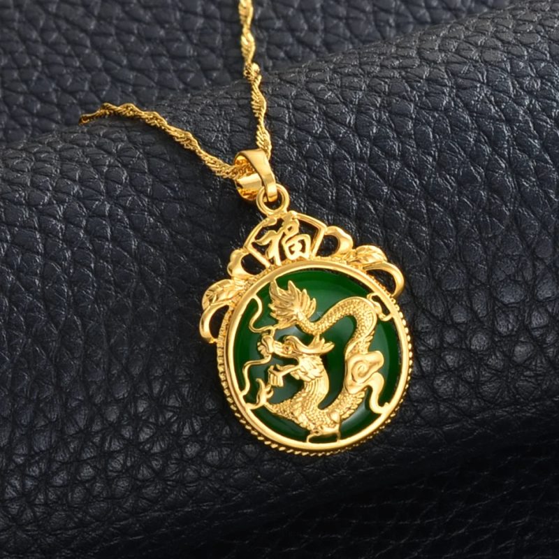 Anniyo Green Stone Dragon Pendant Necklace - Image 5