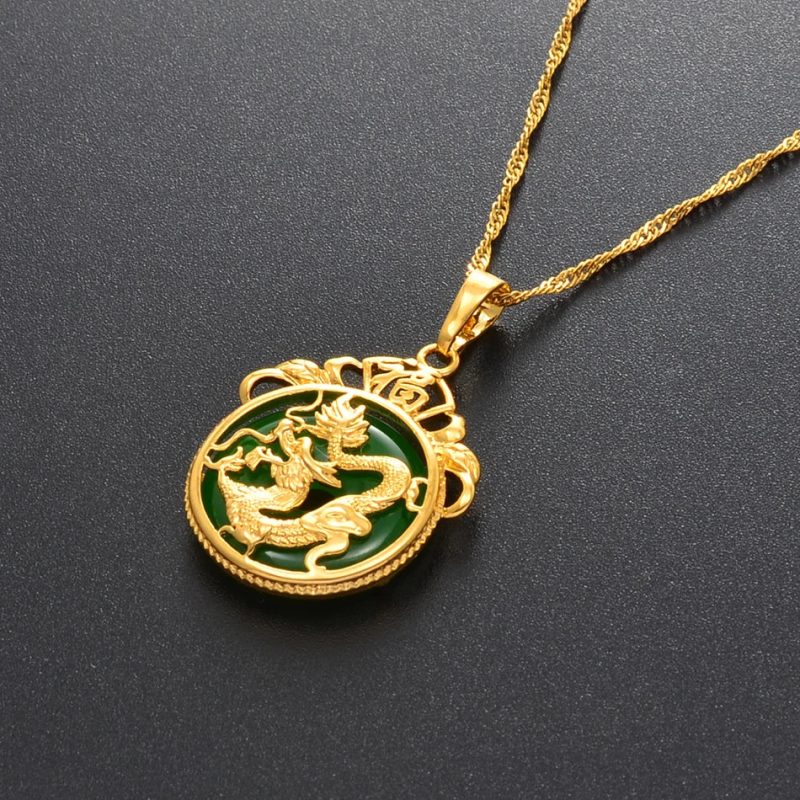 Anniyo Green Stone Dragon Pendant Necklace - Image 6