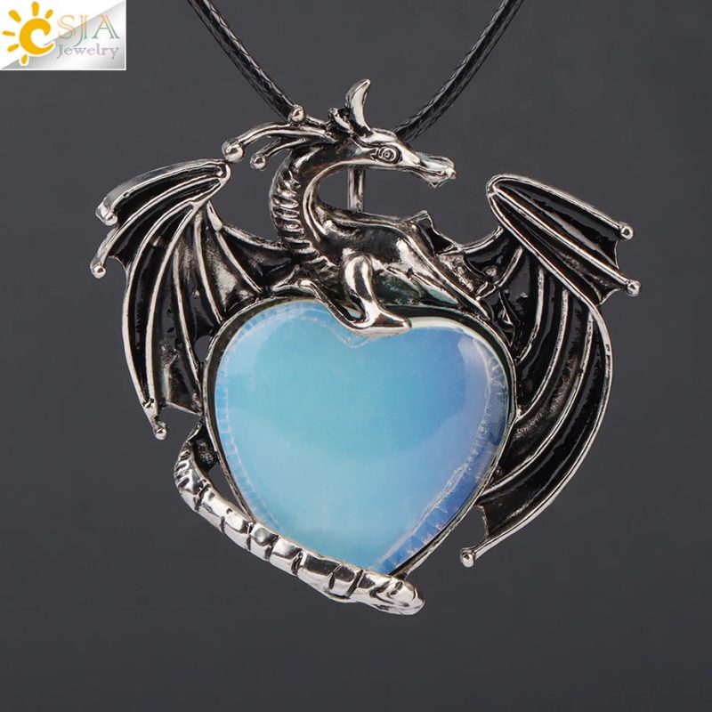 CSJA Double Dragon Necklace – Natural Stone Heart Crystal Pendant Amulet for Men & Women | Halloween Jewelry Gift H238 - Image 15
