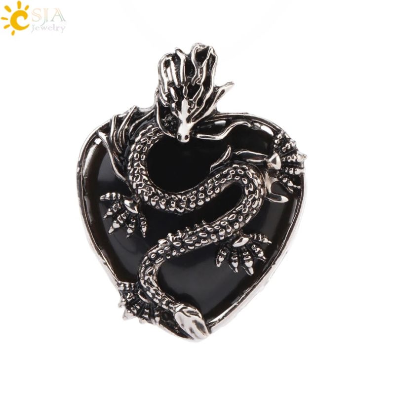 CSJA Double Dragon Necklace – Natural Stone Heart Crystal Pendant Amulet for Men & Women | Halloween Jewelry Gift H238 - Image 26