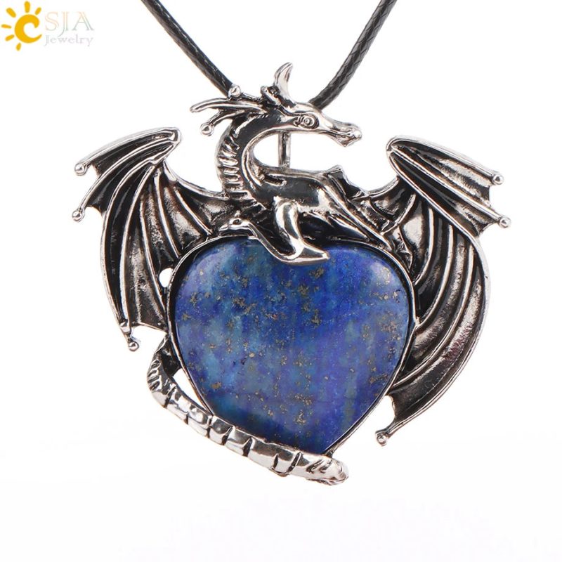 CSJA Double Dragon Necklace – Natural Stone Heart Crystal Pendant Amulet for Men & Women | Halloween Jewelry Gift H238 - Image 21