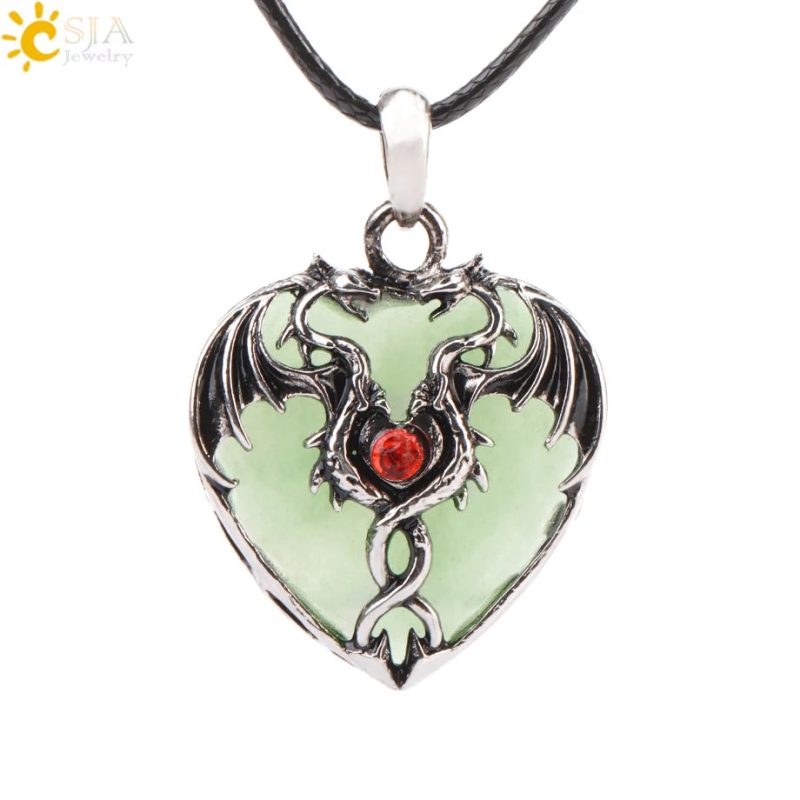 CSJA Double Dragon Necklace – Natural Stone Heart Crystal Pendant Amulet for Men & Women | Halloween Jewelry Gift H238 - Image 43