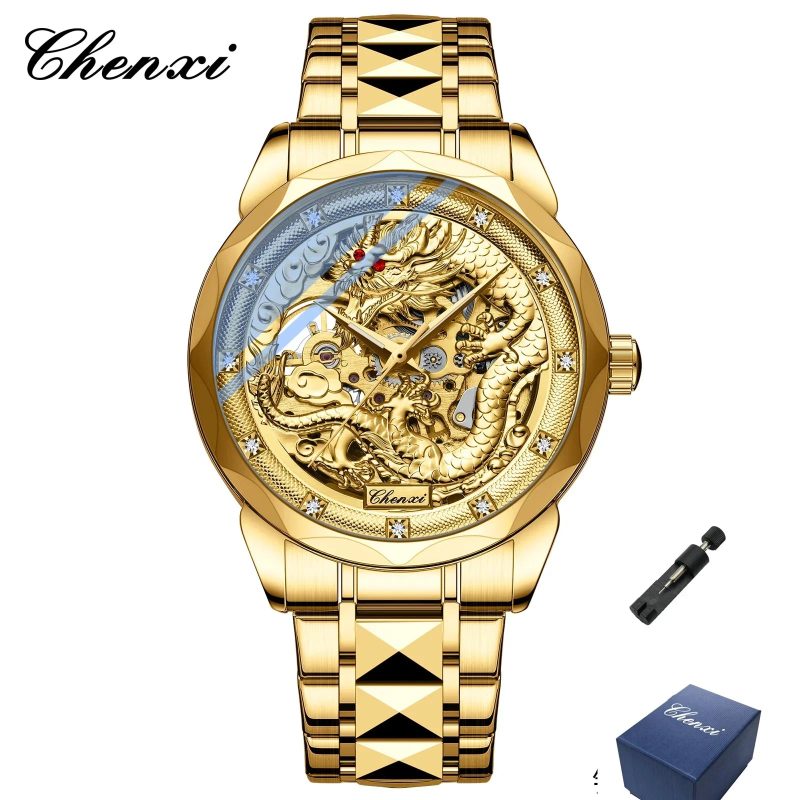CHENXI 8899 Chinese Nation Culture & Art Watch – 3D Embossed Dragon Pattern Gold Automatic Mechanical Stainless Steel Men’s Watch - Image 9