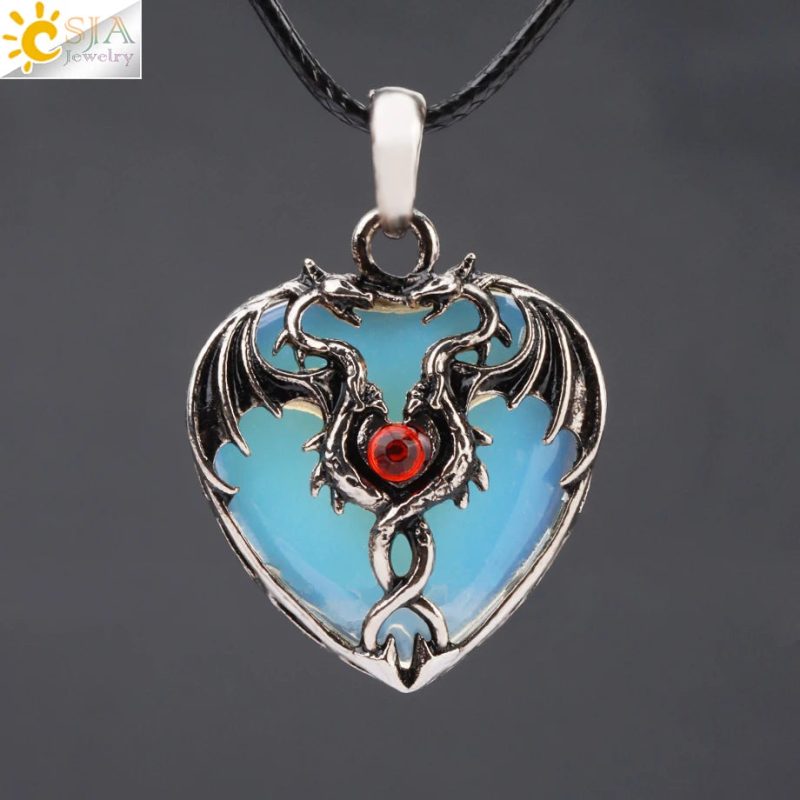 CSJA Double Dragon Necklace – Natural Stone Heart Crystal Pendant Amulet for Men & Women | Halloween Jewelry Gift H238 - Image 7