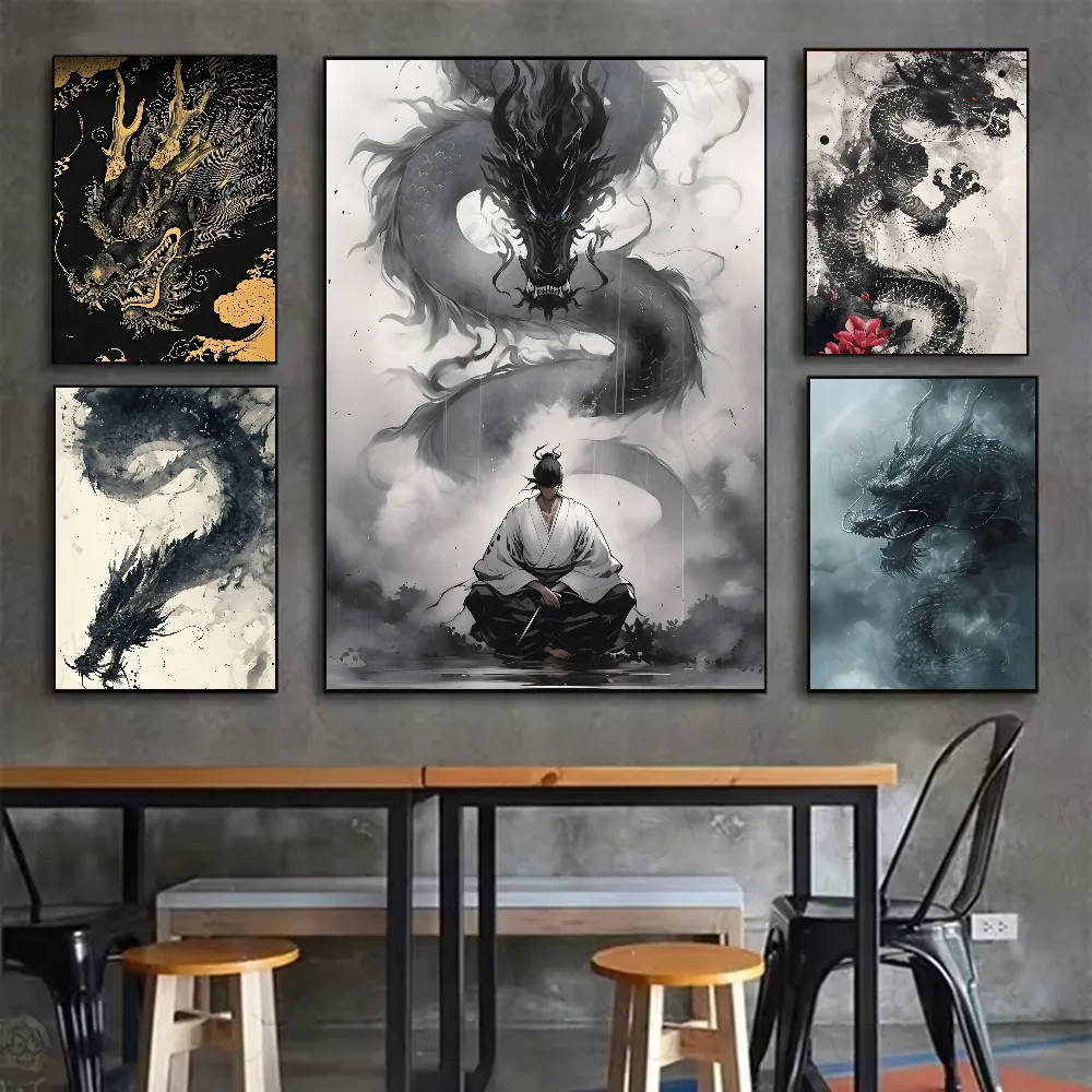 Asian Ink Style Dragon & Shadow Waves Art Poster – HD Waterproof Wall Sticker for Home & Bar Aesthetic Decoration - Image 2
