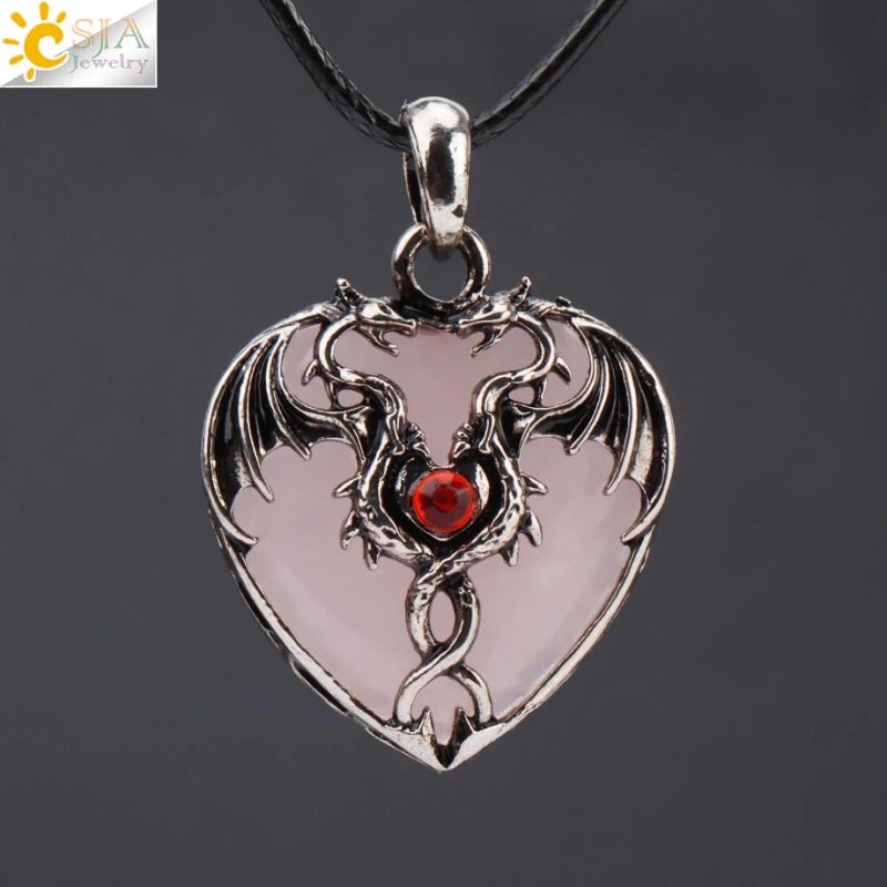 CSJA Double Dragon Necklace – Natural Stone Heart Crystal Pendant Amulet for Men & Women | Halloween Jewelry Gift H238 - Image 29