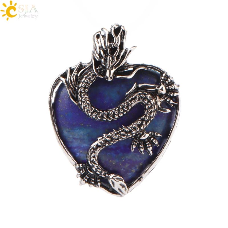 CSJA Double Dragon Necklace – Natural Stone Heart Crystal Pendant Amulet for Men & Women | Halloween Jewelry Gift H238 - Image 31
