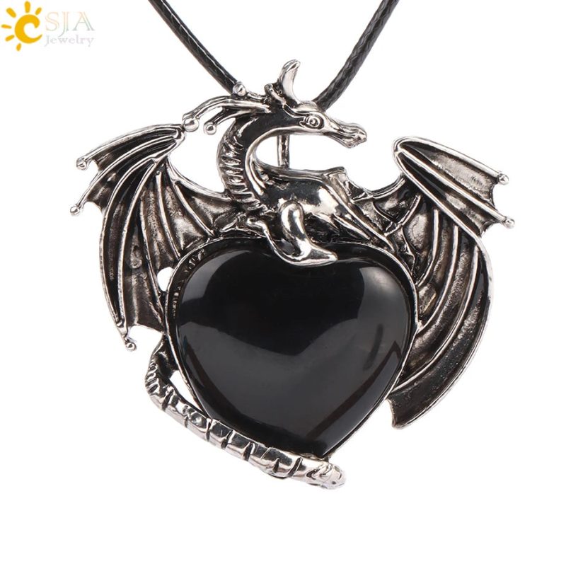 CSJA Double Dragon Necklace – Natural Stone Heart Crystal Pendant Amulet for Men & Women | Halloween Jewelry Gift H238 - Image 47