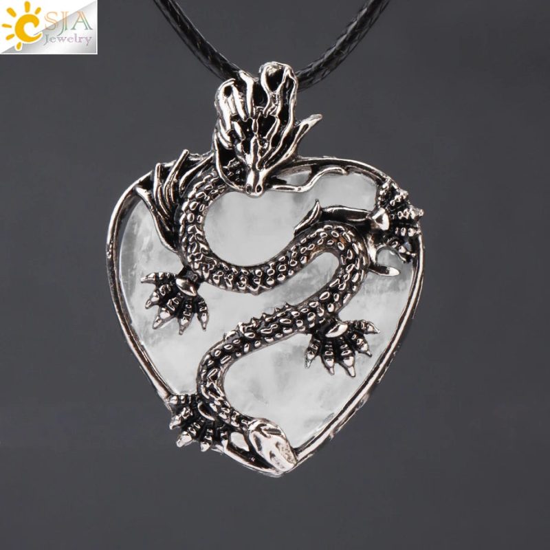 CSJA Double Dragon Necklace – Natural Stone Heart Crystal Pendant Amulet for Men & Women | Halloween Jewelry Gift H238 - Image 42