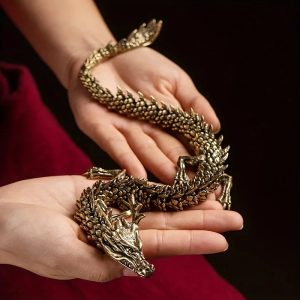 3D Dragon Statue Ornament – Movable Joints, Antique Brass Finish, Lucky Dragon for Home & Office Décor