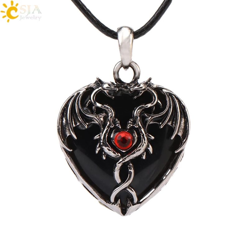 CSJA Double Dragon Necklace – Natural Stone Heart Crystal Pendant Amulet for Men & Women | Halloween Jewelry Gift H238 - Image 48