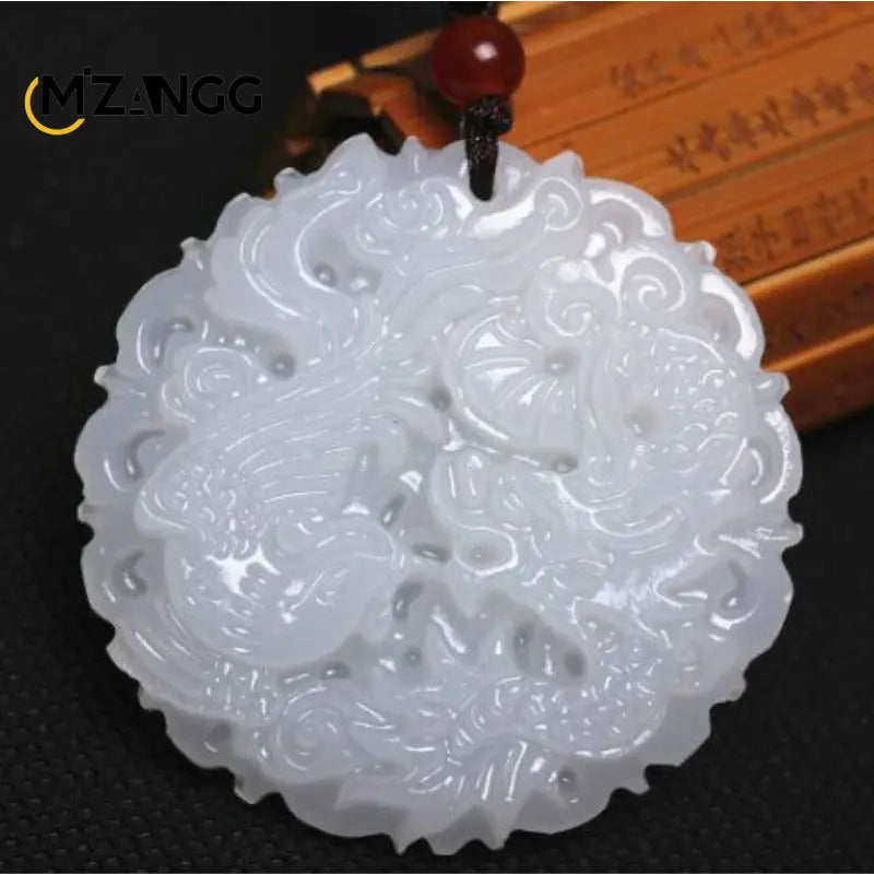 Chinese White Jade Dragon & Phoenix Pendant - Image 6