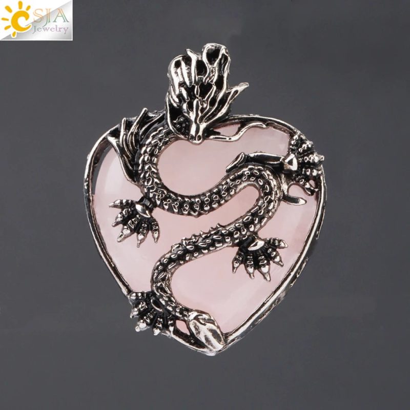 CSJA Double Dragon Necklace – Natural Stone Heart Crystal Pendant Amulet for Men & Women | Halloween Jewelry Gift H238 - Image 19