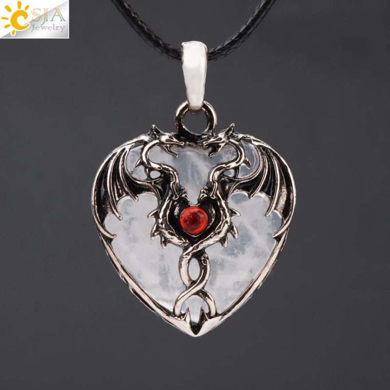 CSJA Double Dragon Necklace – Natural Stone Heart Crystal Pendant Amulet for Men & Women | Halloween Jewelry Gift H238 - Image 11