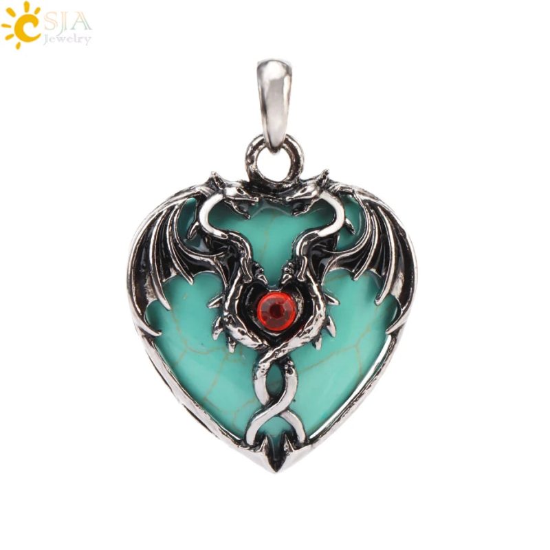 CSJA Double Dragon Necklace – Natural Stone Heart Crystal Pendant Amulet for Men & Women | Halloween Jewelry Gift H238 - Image 24