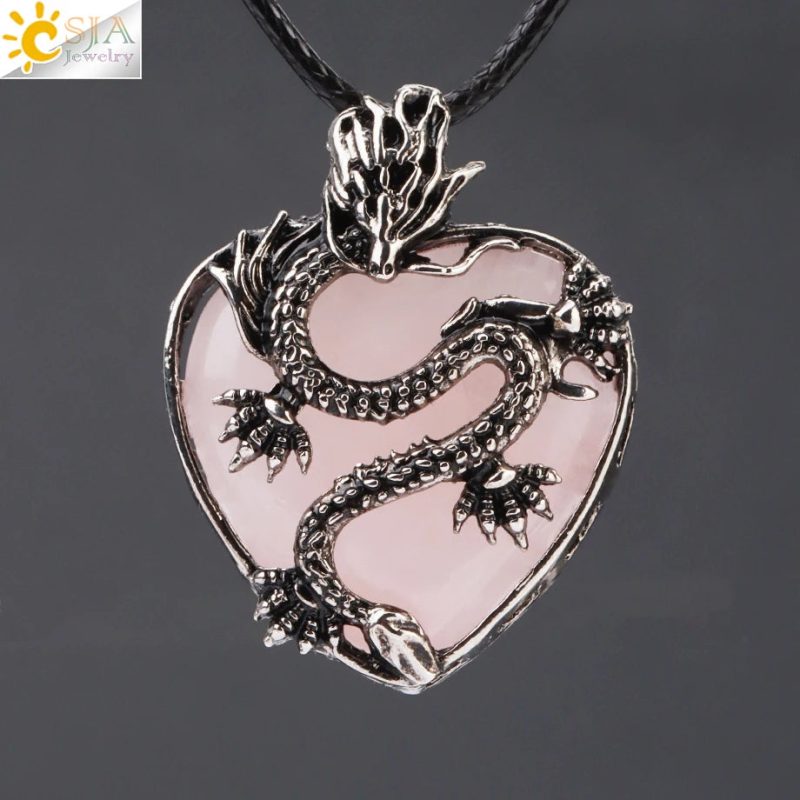 CSJA Double Dragon Necklace – Natural Stone Heart Crystal Pendant Amulet for Men & Women | Halloween Jewelry Gift H238 - Image 39