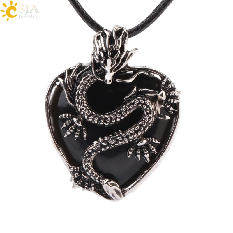CSJA Double Dragon Necklace – Natural Stone Heart Crystal Pendant Amulet for Men & Women | Halloween Jewelry Gift H238 - Image 20