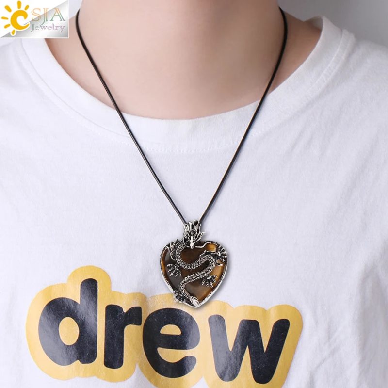 CSJA Double Dragon Necklace – Natural Stone Heart Crystal Pendant Amulet for Men & Women | Halloween Jewelry Gift H238 - Image 4