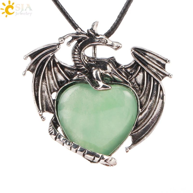 CSJA Double Dragon Necklace – Natural Stone Heart Crystal Pendant Amulet for Men & Women | Halloween Jewelry Gift H238 - Image 14