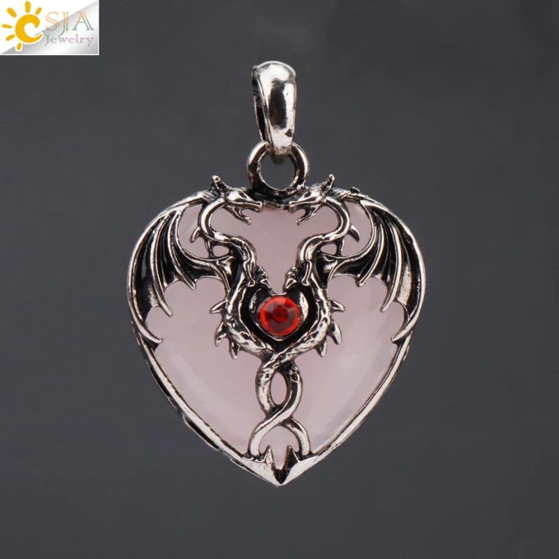 CSJA Double Dragon Necklace – Natural Stone Heart Crystal Pendant Amulet for Men & Women | Halloween Jewelry Gift H238 - Image 12