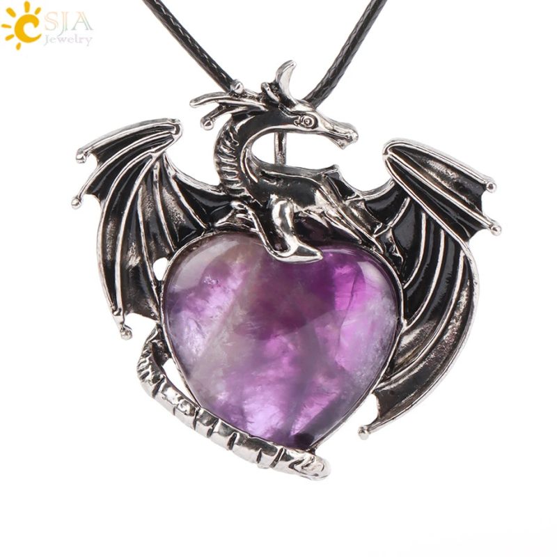 CSJA Double Dragon Necklace – Natural Stone Heart Crystal Pendant Amulet for Men & Women | Halloween Jewelry Gift H238 - Image 22
