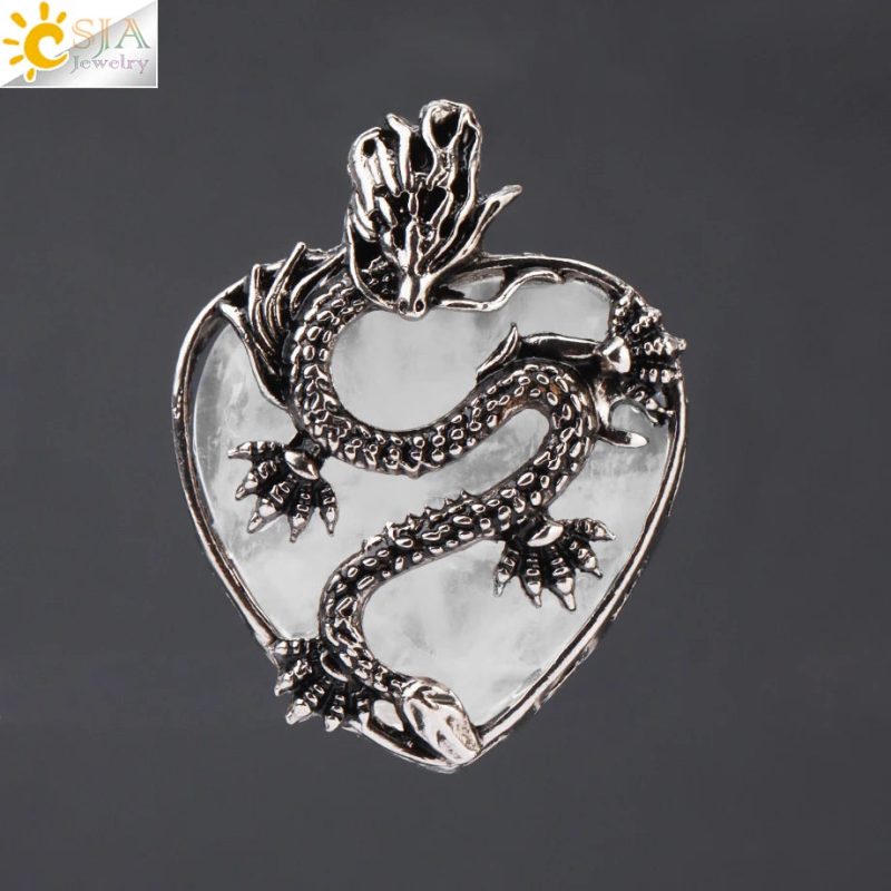 CSJA Double Dragon Necklace – Natural Stone Heart Crystal Pendant Amulet for Men & Women | Halloween Jewelry Gift H238 - Image 45