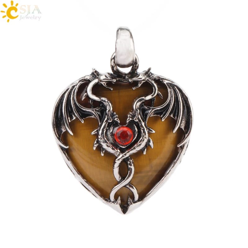 CSJA Double Dragon Necklace – Natural Stone Heart Crystal Pendant Amulet for Men & Women | Halloween Jewelry Gift H238 - Image 18