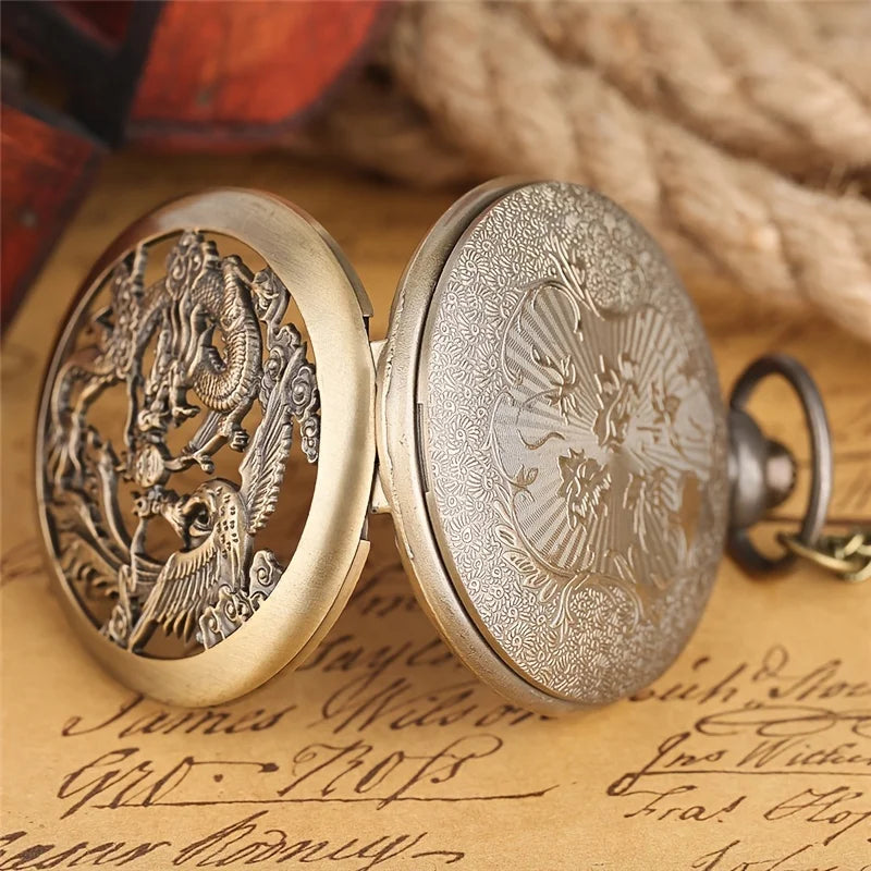 Antique Double Dragons Playing with Beads Pattern Quartz Pocket Watch – Vintage Necklace Chain Gift for Men, Women & Kids - Image 4