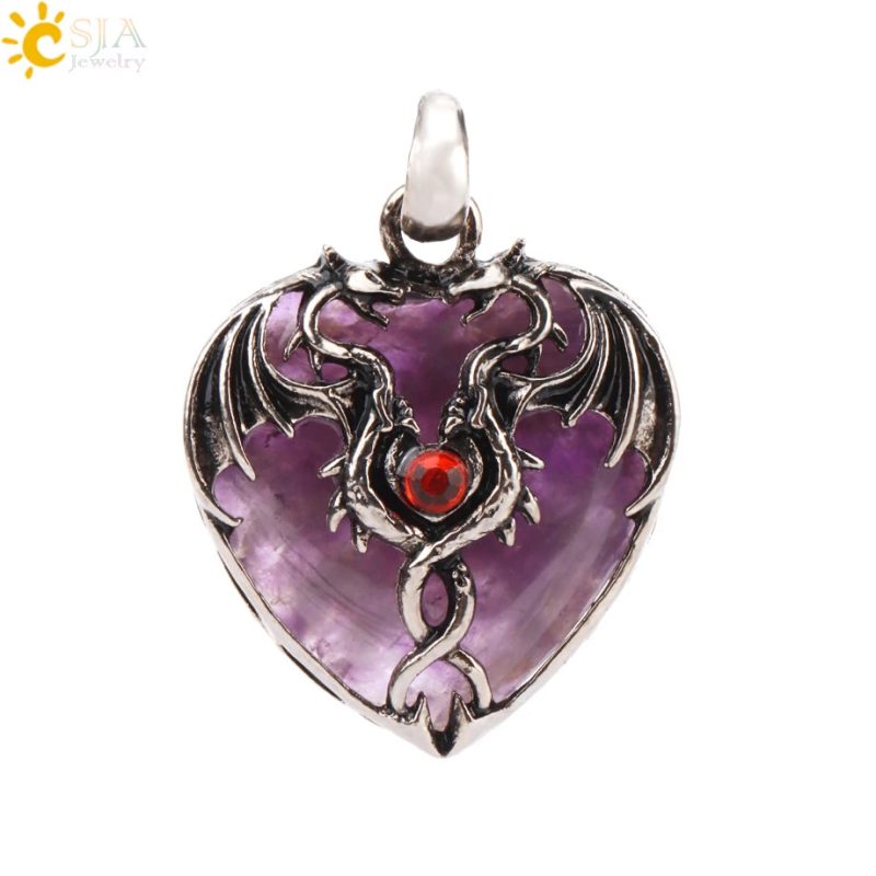 CSJA Double Dragon Necklace – Natural Stone Heart Crystal Pendant Amulet for Men & Women | Halloween Jewelry Gift H238 - Image 44