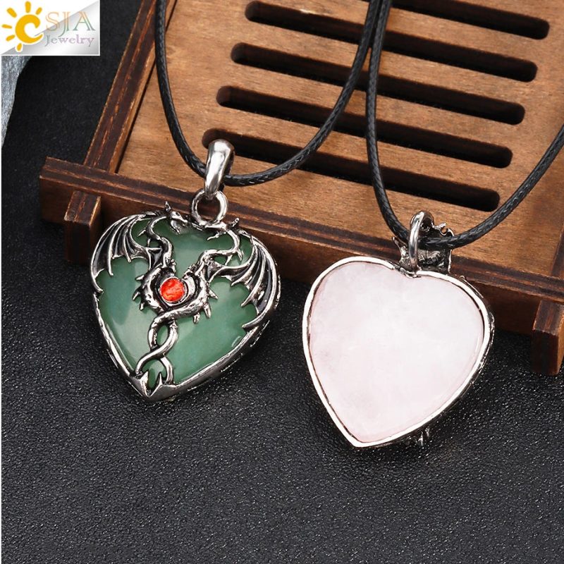 CSJA Double Dragon Necklace – Natural Stone Heart Crystal Pendant Amulet for Men & Women | Halloween Jewelry Gift H238 - Image 2