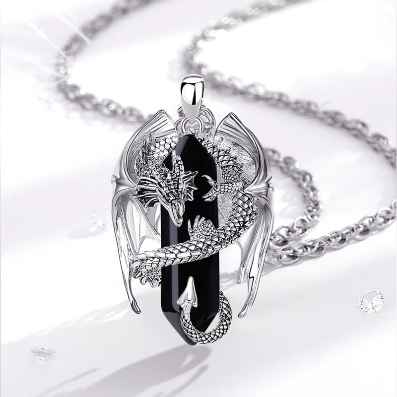 Eudora Dragon Twining Hexagonal Obsidian Necklace - Image 4
