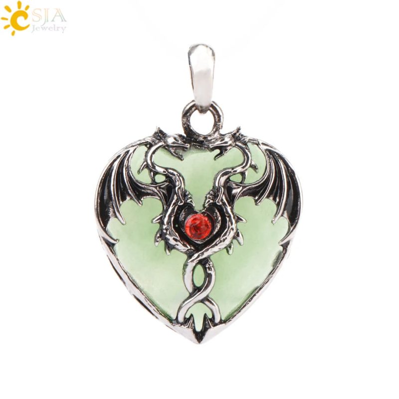 CSJA Double Dragon Necklace – Natural Stone Heart Crystal Pendant Amulet for Men & Women | Halloween Jewelry Gift H238 - Image 28