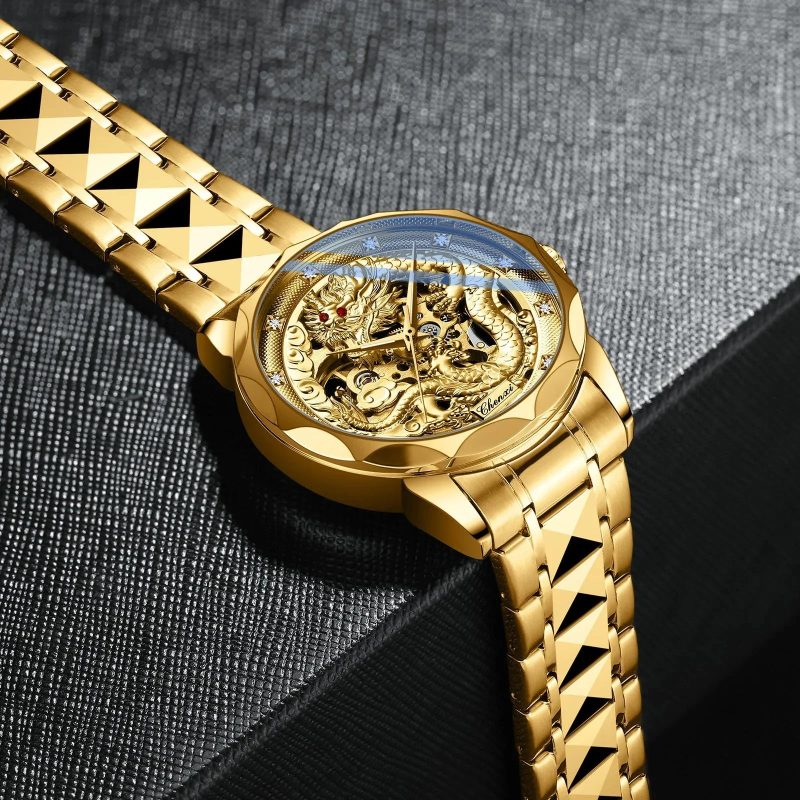 CHENXI 8899 Chinese Nation Culture & Art Watch – 3D Embossed Dragon Pattern Gold Automatic Mechanical Stainless Steel Men’s Watch - Image 4