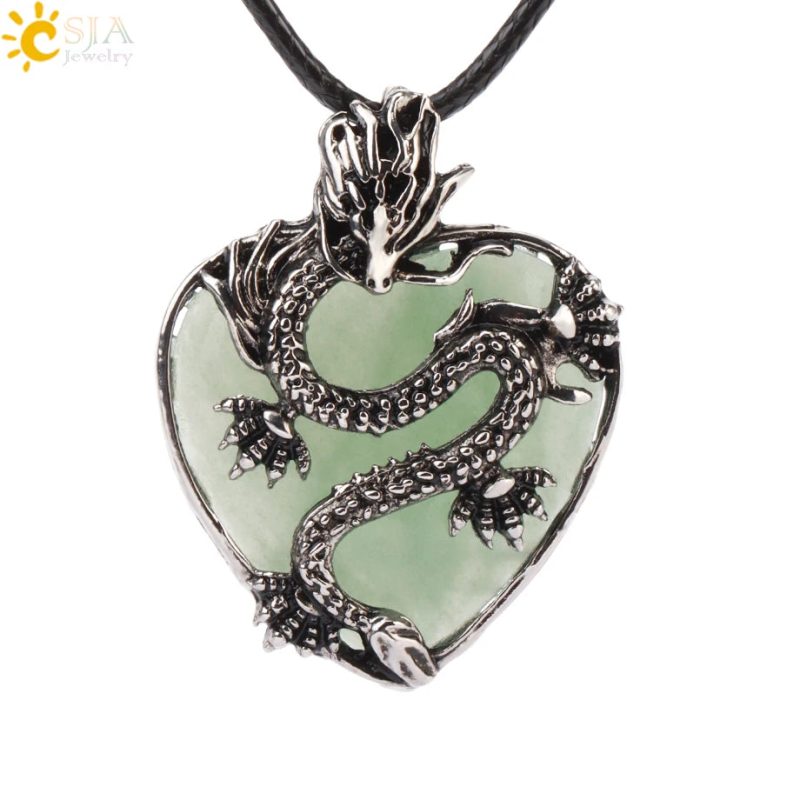 CSJA Double Dragon Necklace – Natural Stone Heart Crystal Pendant Amulet for Men & Women | Halloween Jewelry Gift H238 - Image 8