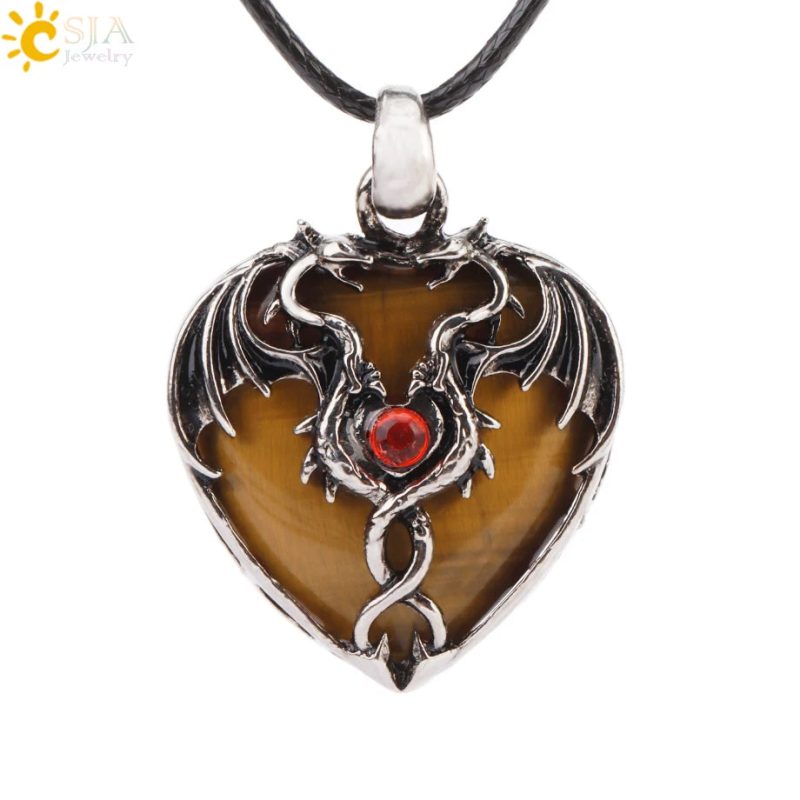 CSJA Double Dragon Necklace – Natural Stone Heart Crystal Pendant Amulet for Men & Women | Halloween Jewelry Gift H238 - Image 6