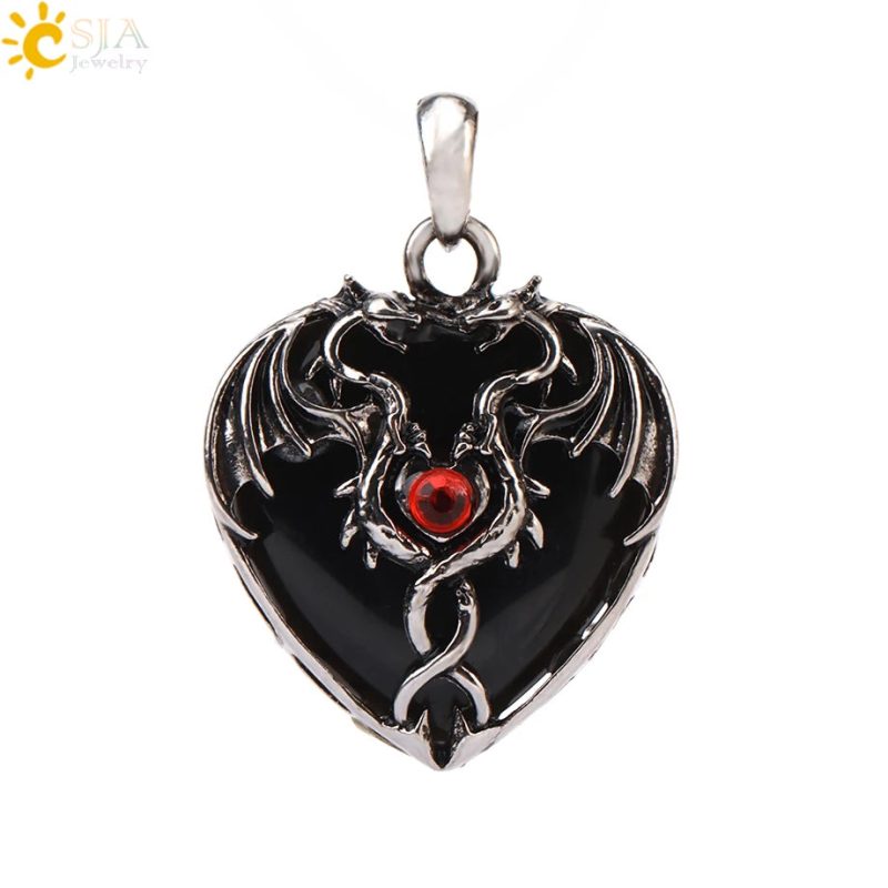 CSJA Double Dragon Necklace – Natural Stone Heart Crystal Pendant Amulet for Men & Women | Halloween Jewelry Gift H238 - Image 41