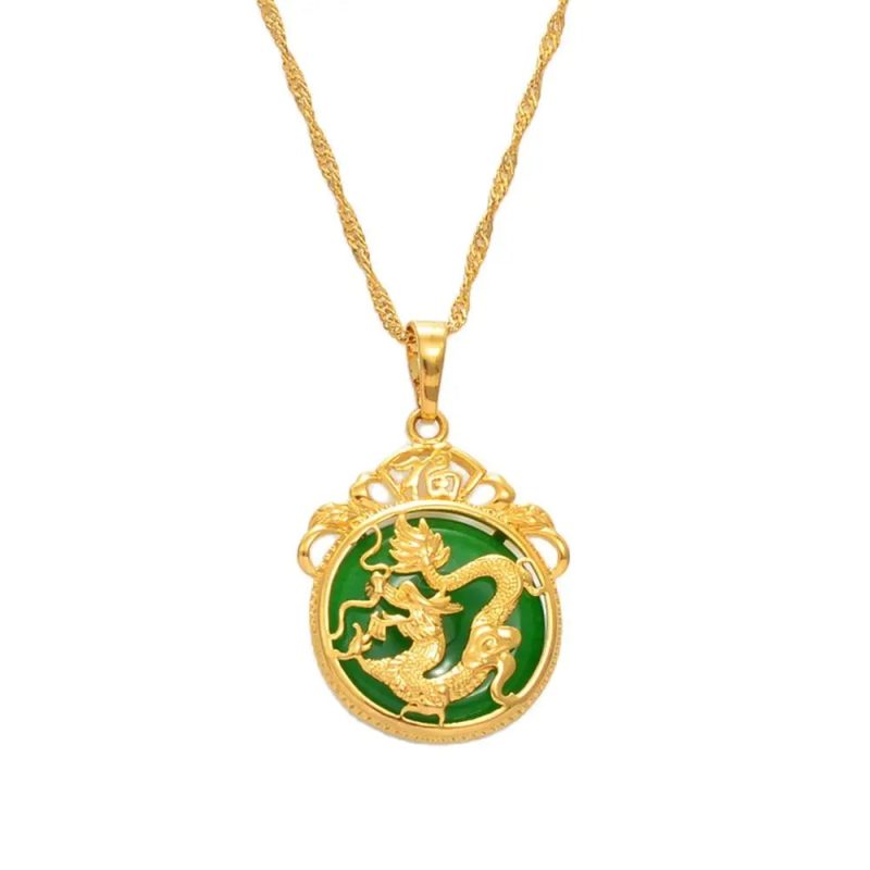 Anniyo Green Stone Dragon Pendant Necklace