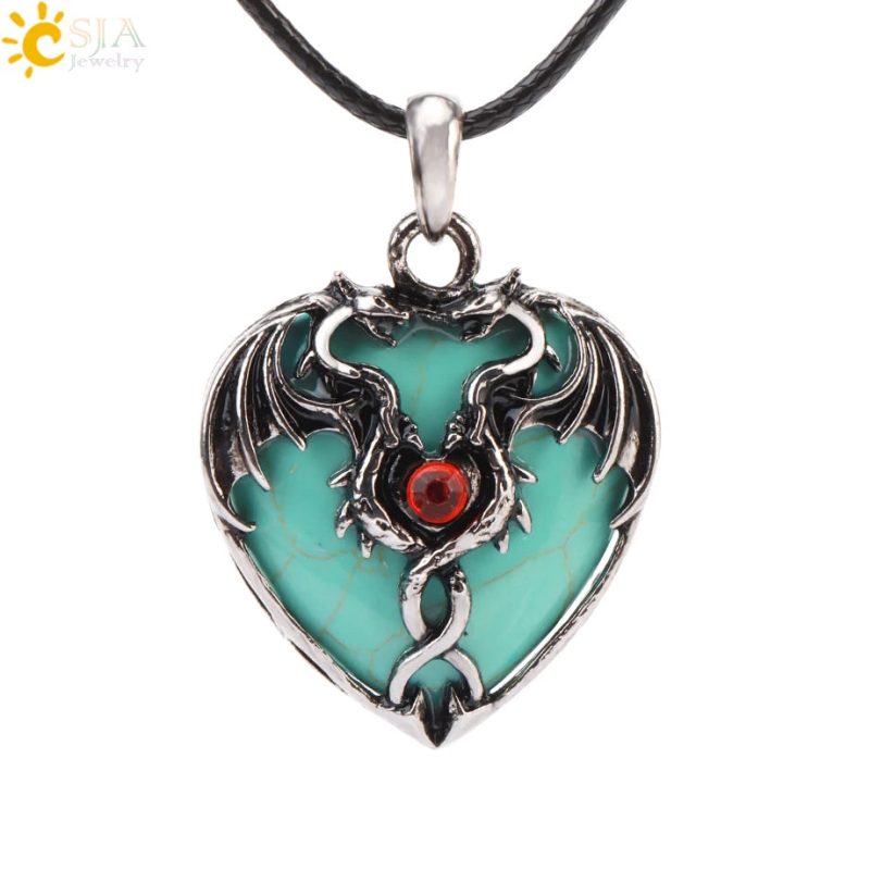CSJA Double Dragon Necklace – Natural Stone Heart Crystal Pendant Amulet for Men & Women | Halloween Jewelry Gift H238 - Image 23