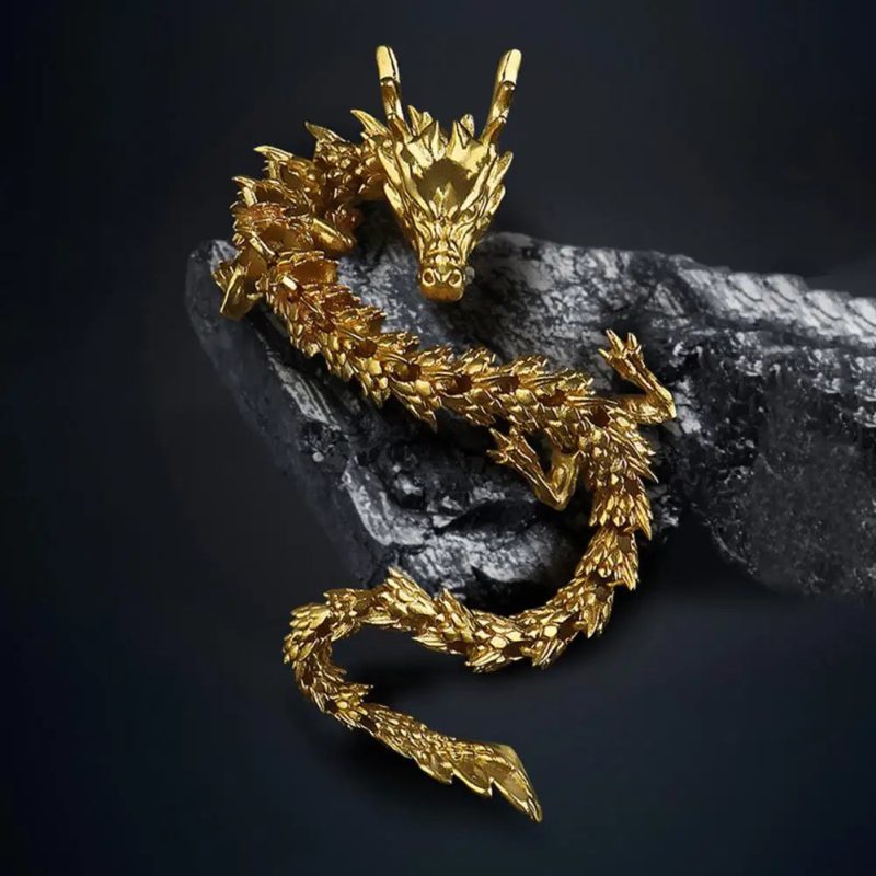 3D Printed Chinese Dragon Figurine with Movable Joints – Golden Loong Articulated Model & Desktop Ornament - Image 2